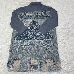Johnny Was Shirt Womens M Blue‎ Laite 3/4 Length Sleeve Scarf Silk Back Tunic